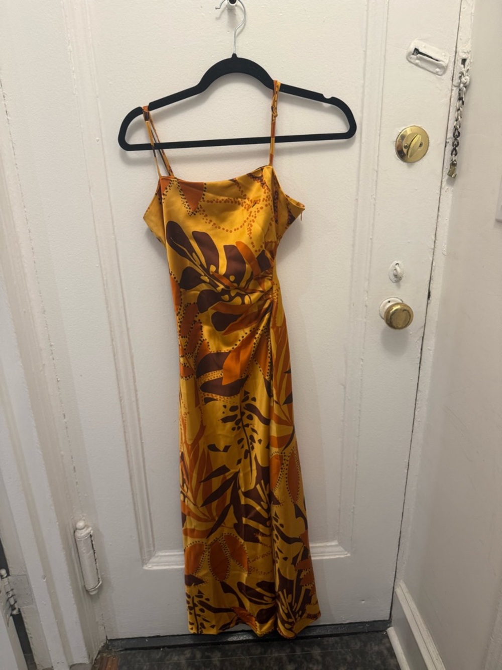 House of Harlow Golden Yellow Satin Slip Dress with Tropical Print
